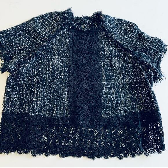 Zara speckled tweed raw edge lace detail top size Large - Picture 6 of 14
